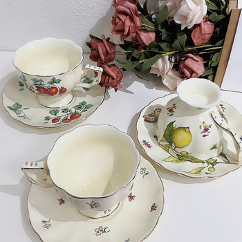 Set ceramic cu ceașcă de cafea, farfurie și ceainic, stil retro, lux discret, model floral