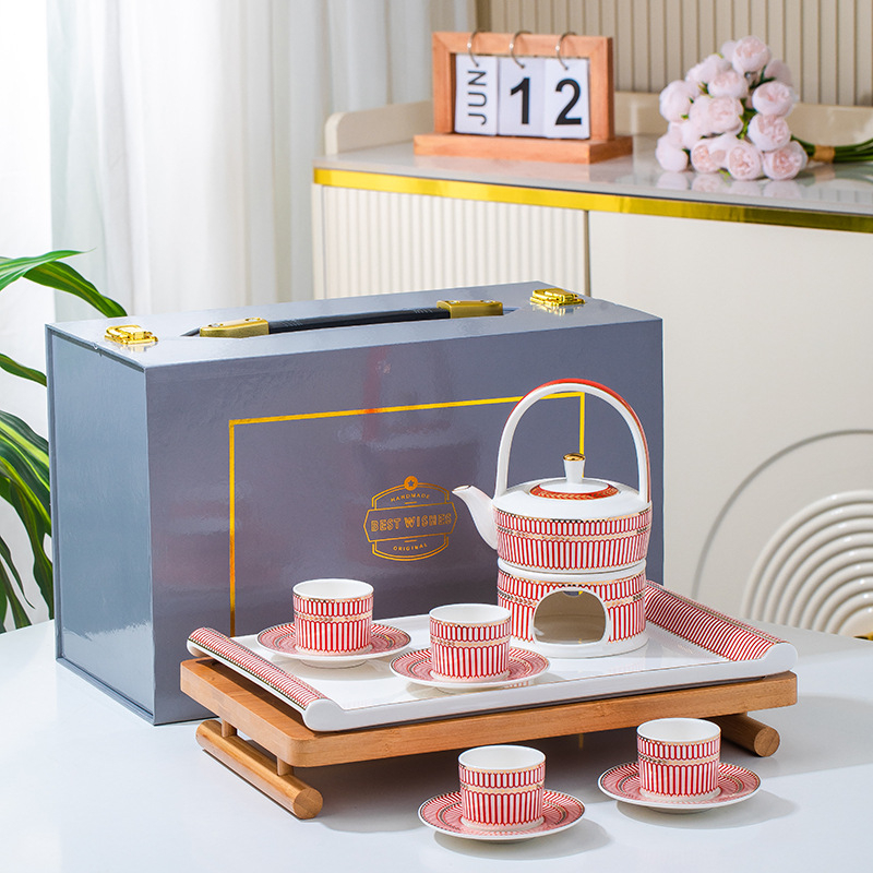 Set de cești de cafea cu dungi roșii, ceramică în stil nordic, într-o cutie cadou