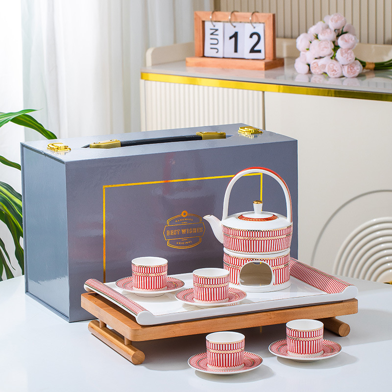 Set de cești de cafea cu dungi roșii, ceramică în stil nordic, într-o cutie cadou