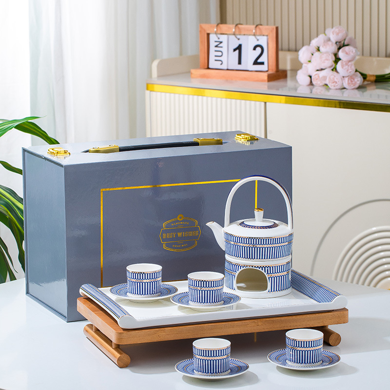 Set de cești de cafea cu dungi roșii, ceramică în stil nordic, într-o cutie cadou