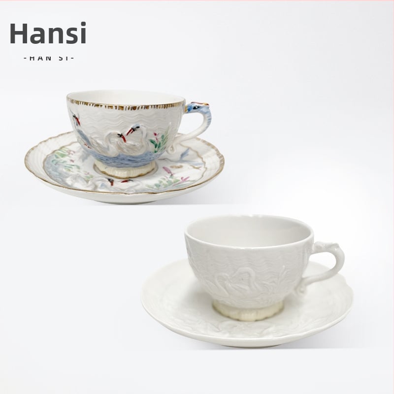 Set de cești de cafea în stil franțuzesc, cești din porțelan pictate manual, cu relief de lebădă