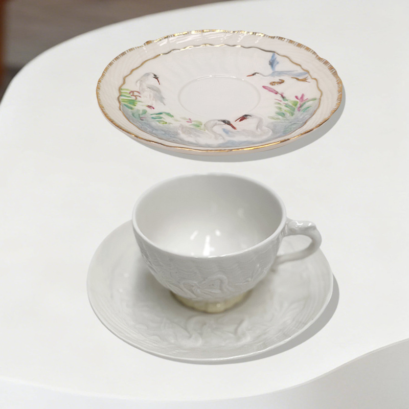 Set de cești de cafea în stil franțuzesc, cești din porțelan pictate manual, cu relief de lebădă