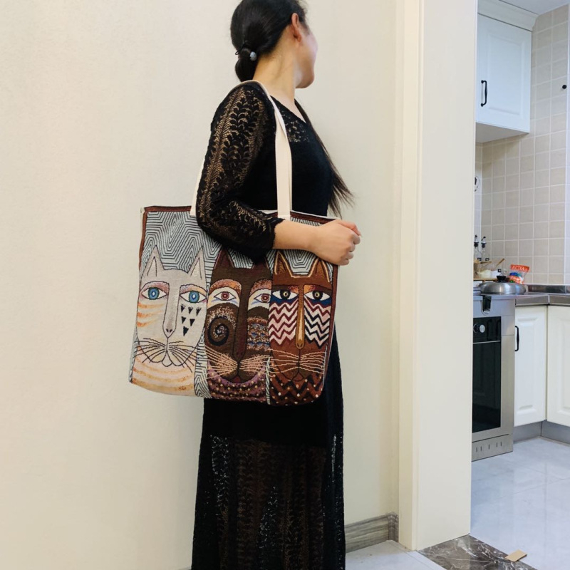 Ženska platnena torbica preko ramena s mačjim motivom za jesen-zimu