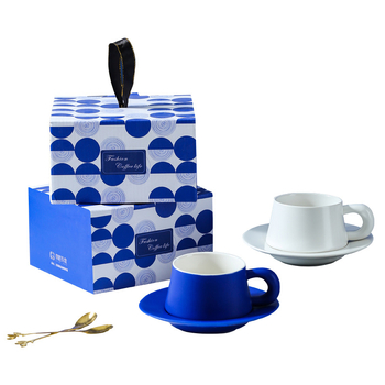 Set ceramic pentru cafea: ceașcă și farfurie în Albastru Klein, cu logo-ul companiei personalizabil