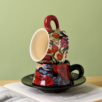 Set de cești și farfurii din ceramică cu motiv floral, stil franţuzesc vintage – pentru cafea la birou