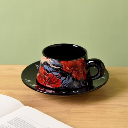 Set de cești și farfurii din ceramică cu motiv floral, stil franţuzesc vintage – pentru cafea la birou