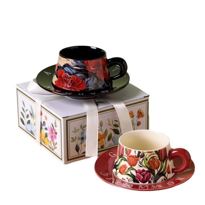 Set de cești și farfurii din ceramică cu motiv floral, stil franţuzesc vintage – pentru cafea la birou