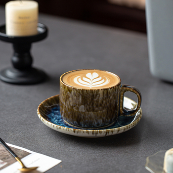 Set ceramic cești de cafea și farfurioară, cu glazură colorată și latte art creativ, cupe pentru cupluri