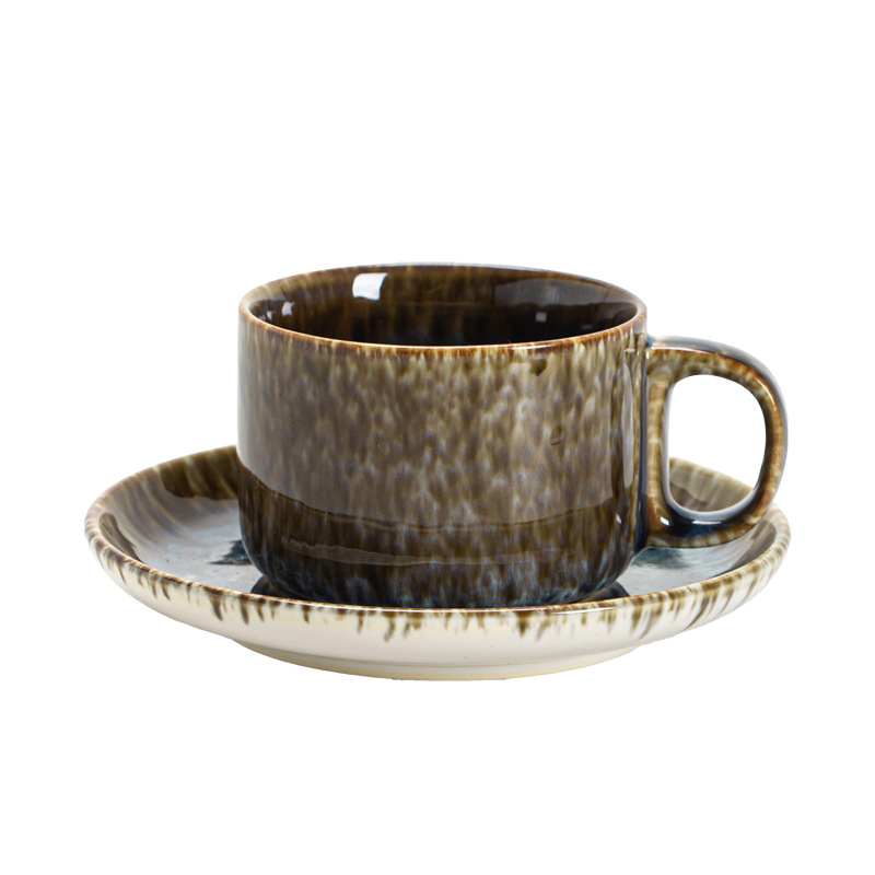 Set ceramic cești de cafea și farfurioară, cu glazură colorată și latte art creativ, cupe pentru cupluri