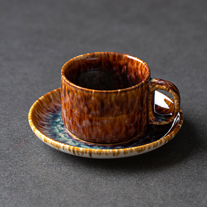 Set ceramic cești de cafea și farfurioară, cu glazură colorată și latte art creativ, cupe pentru cupluri