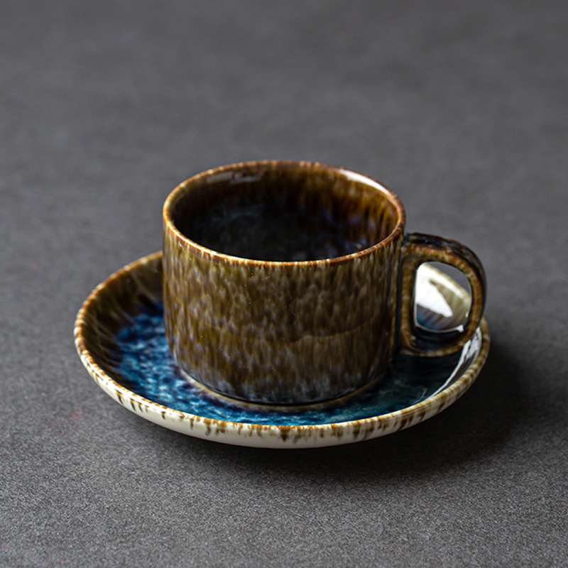 Set ceramic cești de cafea și farfurioară, cu glazură colorată și latte art creativ, cupe pentru cupluri