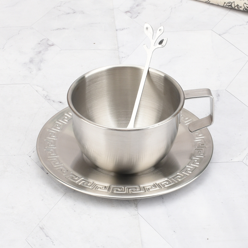 Set de căni de cafea din oțel inoxidabil, cu lingură, pereți simpli, pentru exterior, stil Milano, capacitate mare