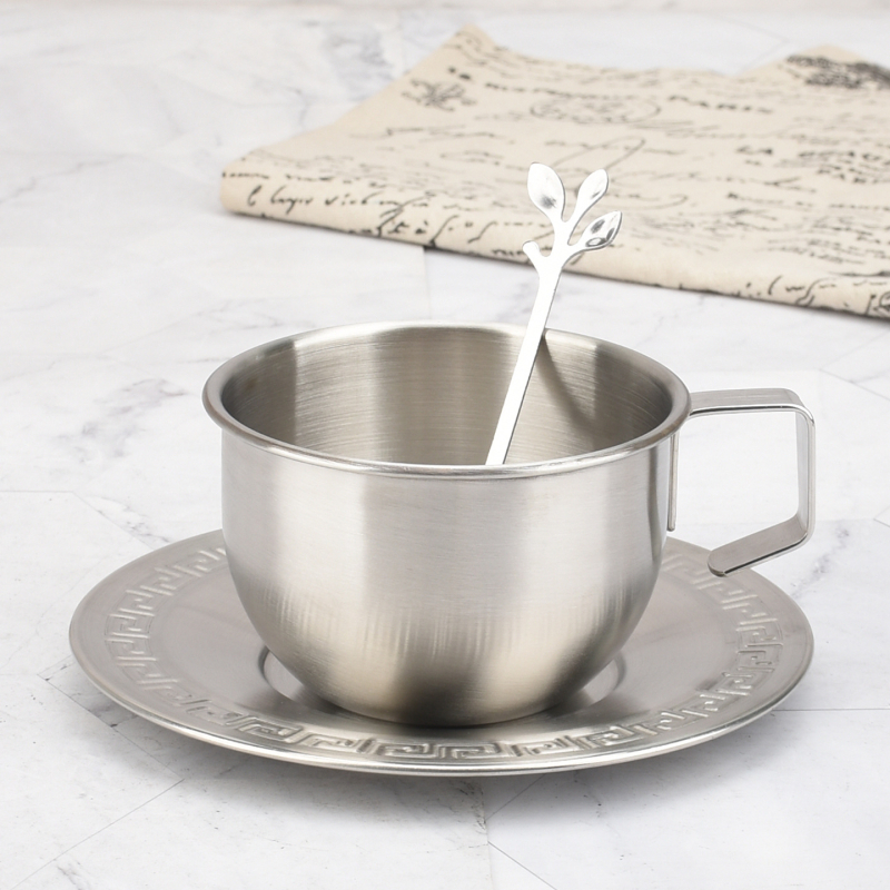 Set de căni de cafea din oțel inoxidabil, cu lingură, pereți simpli, pentru exterior, stil Milano, capacitate mare