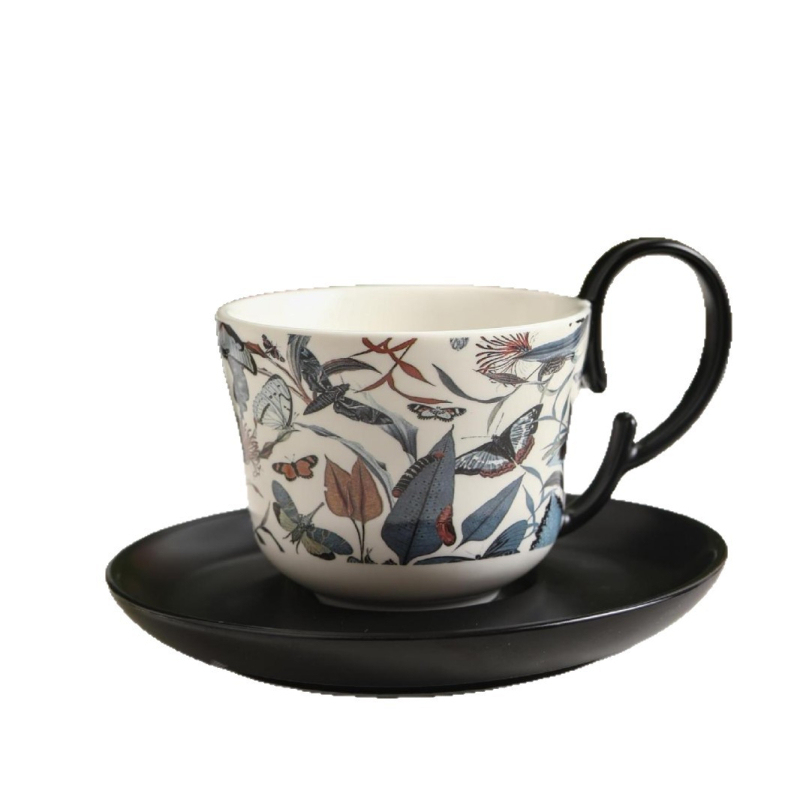 Set ceramic cușă de cafea și farfurioară, cu motiv retro de flori și viță-de-vie, stil luxos discret