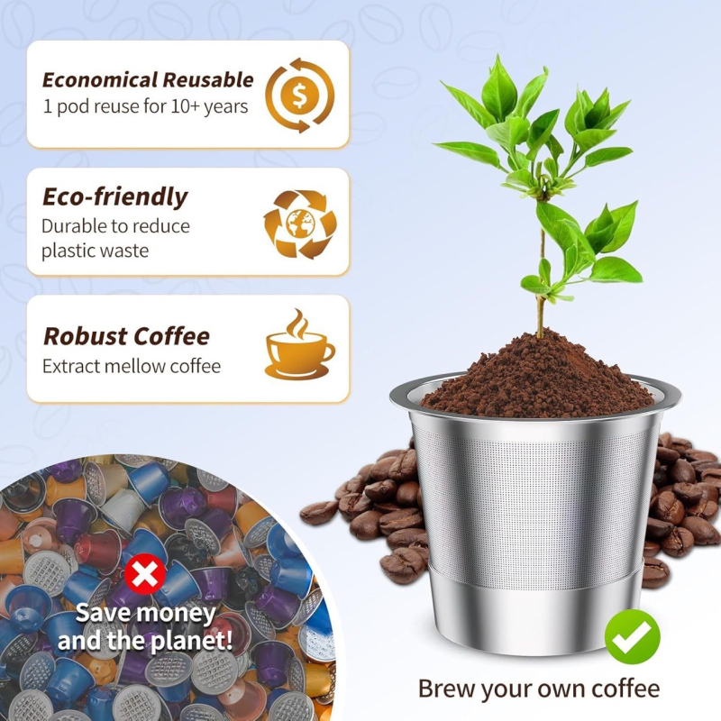 Capsulă de cafea K-Cup reutilizabilă pentru cafetiere, din oțel inoxidabil, cu gaură unică și filtru