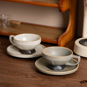 Set ceramic de cești de cafea cu farfurie înaltă, stil vintage retro, cești latte art elegante