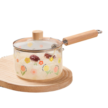 Recipient din sticlă borosilikat de înaltă rezistență, cu mâner din lemn, rezistent la căldură, compatibil cu flacăra, cu capac din sticlă temperată – ideal pentru încălzirea laptelui și tăițeilor instant
