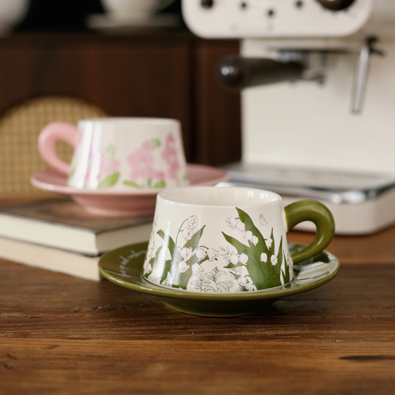 Set Nordic retro de cafea cu farfurie, pentru birou și casă – cești latte și cești de lapte