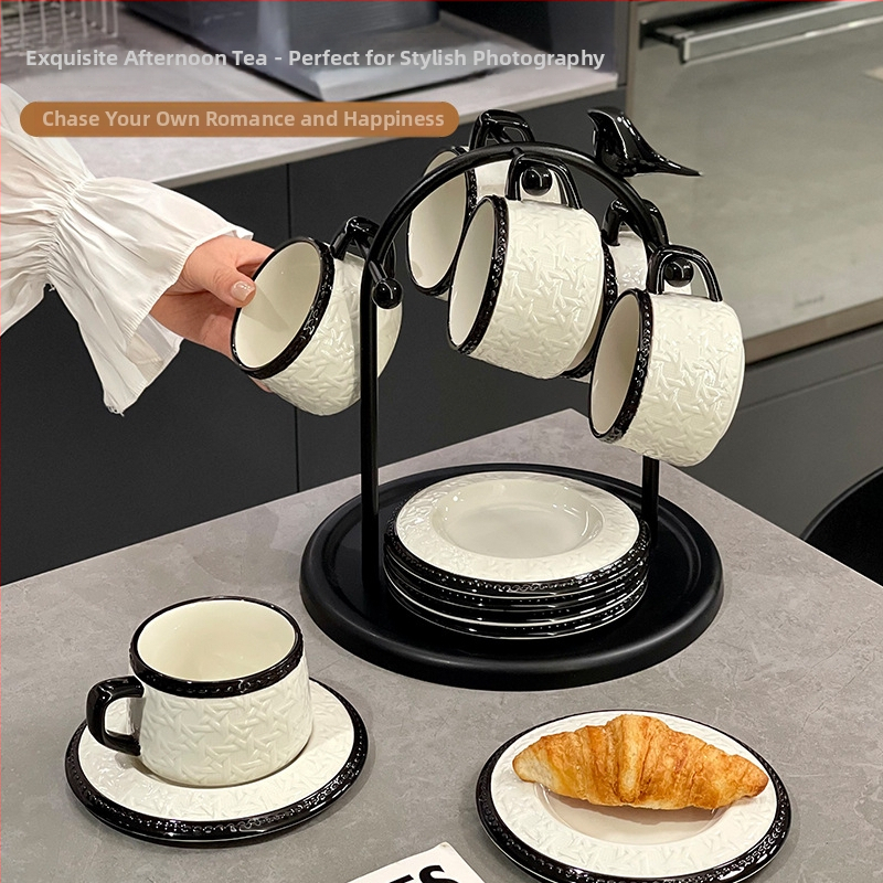 Set cești de cafea și farfurie în stil franțuzesc, din răchită împletită, ceramică de înaltă calitate pentru uz casnic