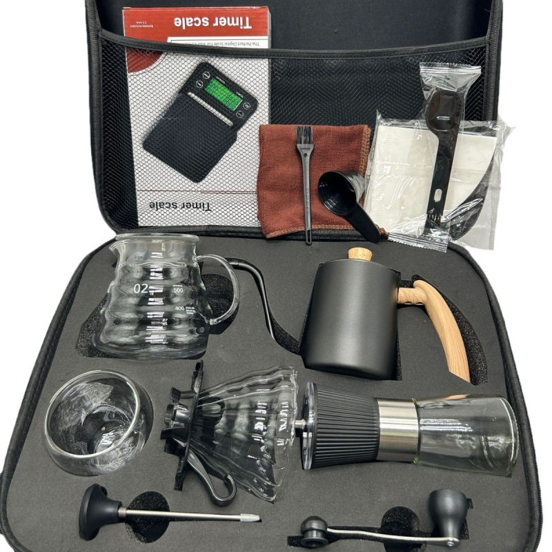 Set portabil de cafea prin infuzare manuală pentru drumeții – cutie cadou cu 4 piese