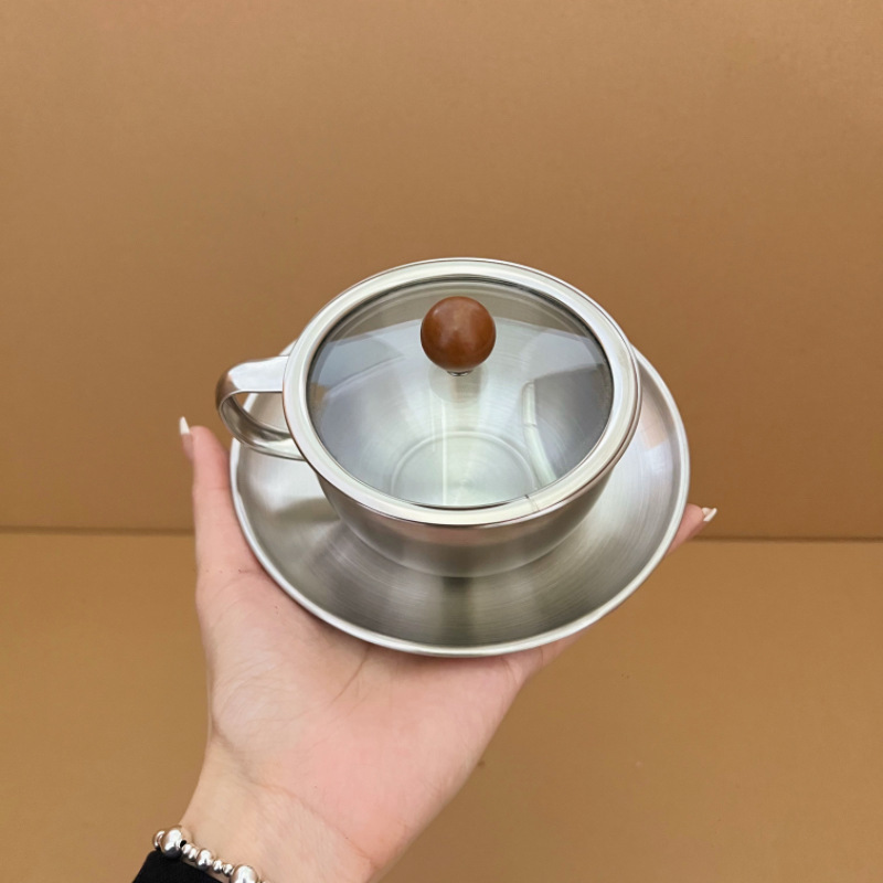 Set de cești de cafea și farfuriu din oțel inoxidabil, în stil industrial european, retro, potrivit pentru ceaiul de după-amiază, latte și cold brew.