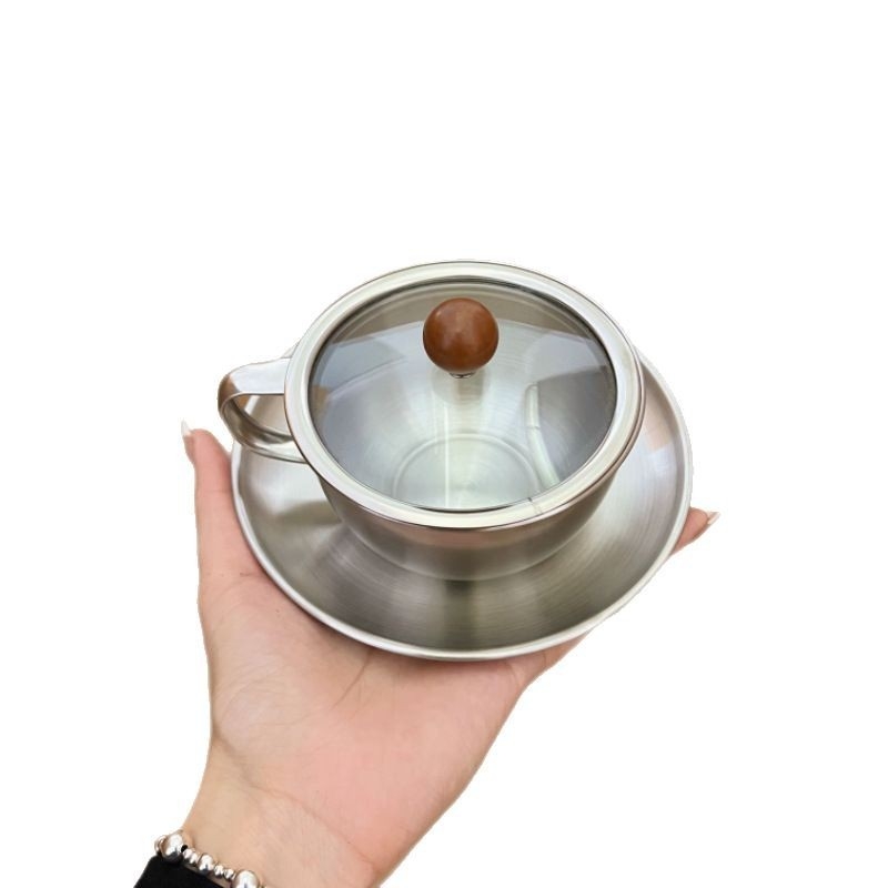 Set de cești de cafea și farfuriu din oțel inoxidabil, în stil industrial european, retro, potrivit pentru ceaiul de după-amiază, latte și cold brew.