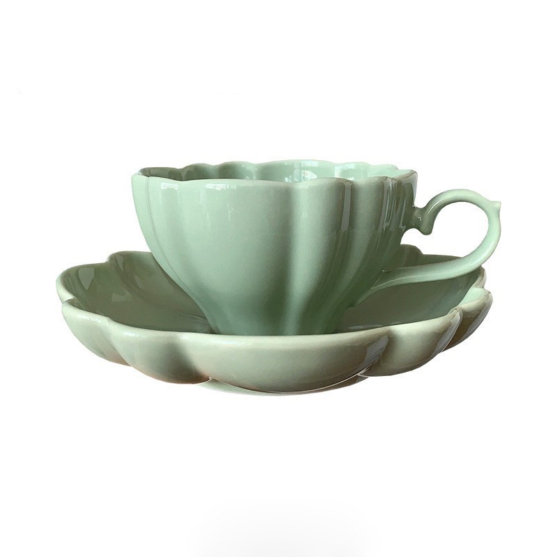 Set cești și farfurioare cu lotus, în stil franțuzesc, din ceramică, pentru cafea și lapte, model floral neregulat, decor sub glazură