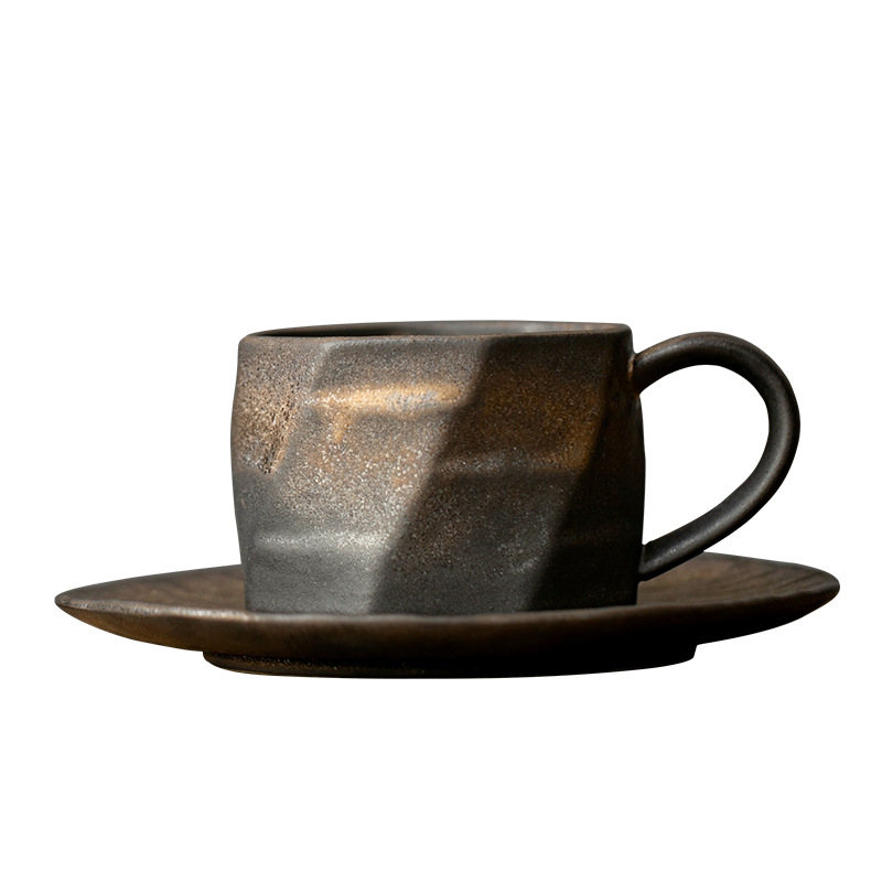 Set de cafea cu farfurioare retro, cu luciu auriu, căni latte art din ceramică robustă, cești elegante pentru mic dejun acasă
