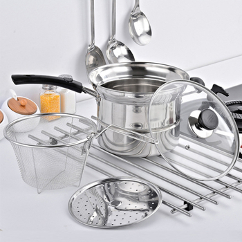 Oală din oțel inoxidabil pentru tăiței, cu coș de prăjit și sită filtrantă, stil japonez, compatibilă cu inducția, 22 cm, oală de lapte pentru uz casnic