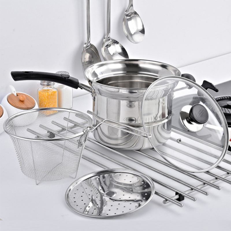 Oală din oțel inoxidabil pentru tăiței, cu coș de prăjit și sită filtrantă, stil japonez, compatibilă cu inducția, 22 cm, oală de lapte pentru uz casnic