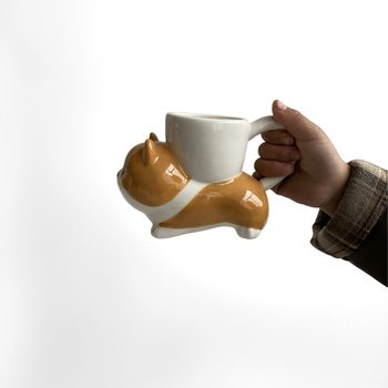 Set ceramic pentru cafea cu ceașcă și farfuriu, cană creativă, lucrată manual, stil retro, cadou drăguț cu motiv corgi