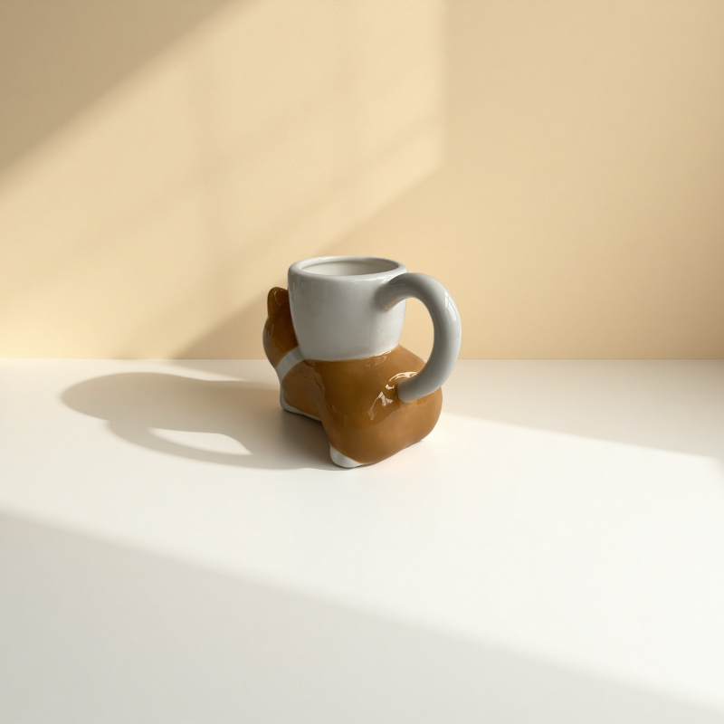 Set ceramic pentru cafea cu ceașcă și farfuriu, cană creativă, lucrată manual, stil retro, cadou drăguț cu motiv corgi