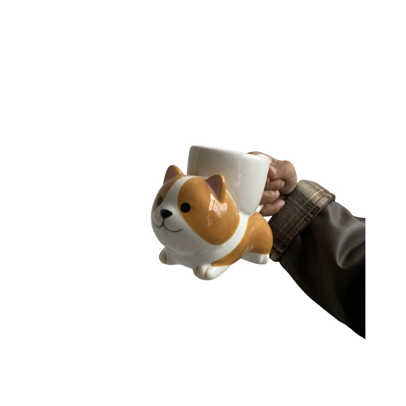 Set ceramic pentru cafea cu ceașcă și farfuriu, cană creativă, lucrată manual, stil retro, cadou drăguț cu motiv corgi