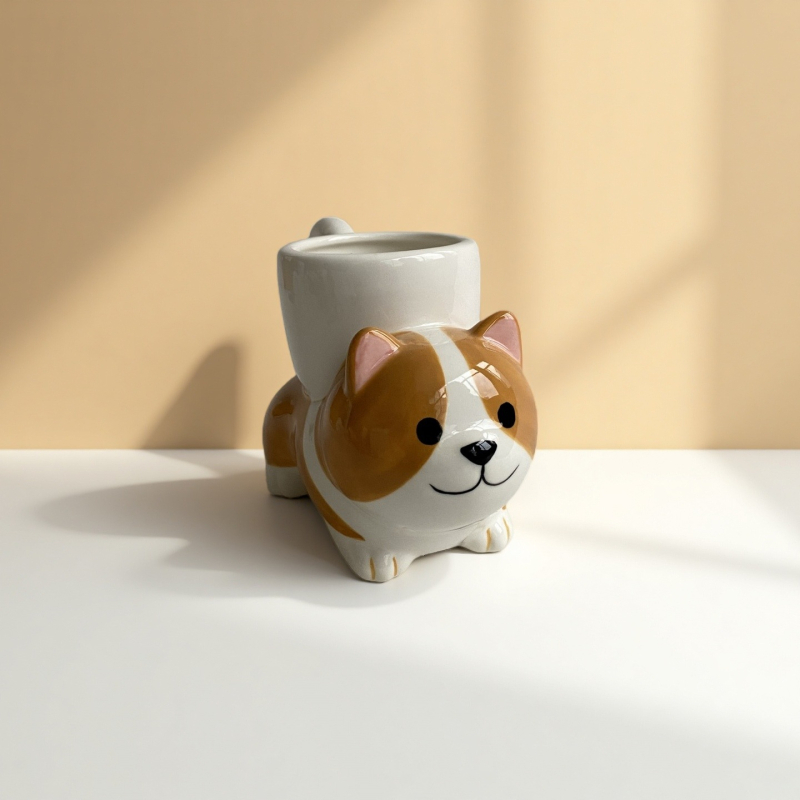 Set ceramic pentru cafea cu ceașcă și farfuriu, cană creativă, lucrată manual, stil retro, cadou drăguț cu motiv corgi