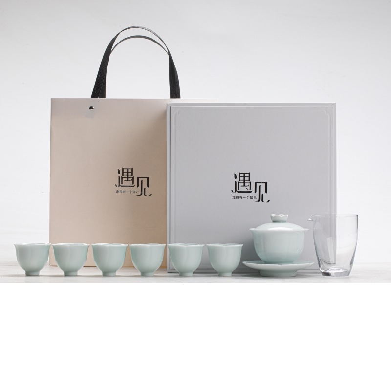 Set de ceai din ceramică cu capac în formă de lotus – culoare solidă, cutie cadou, Gongfu pentru acasă