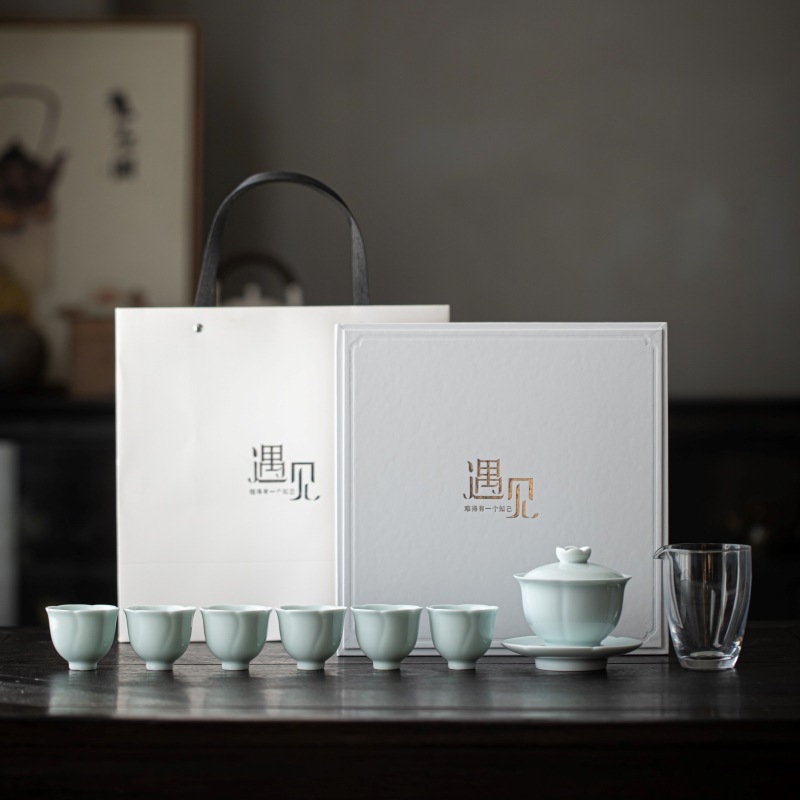 Set de ceai din ceramică cu capac în formă de lotus – culoare solidă, cutie cadou, Gongfu pentru acasă