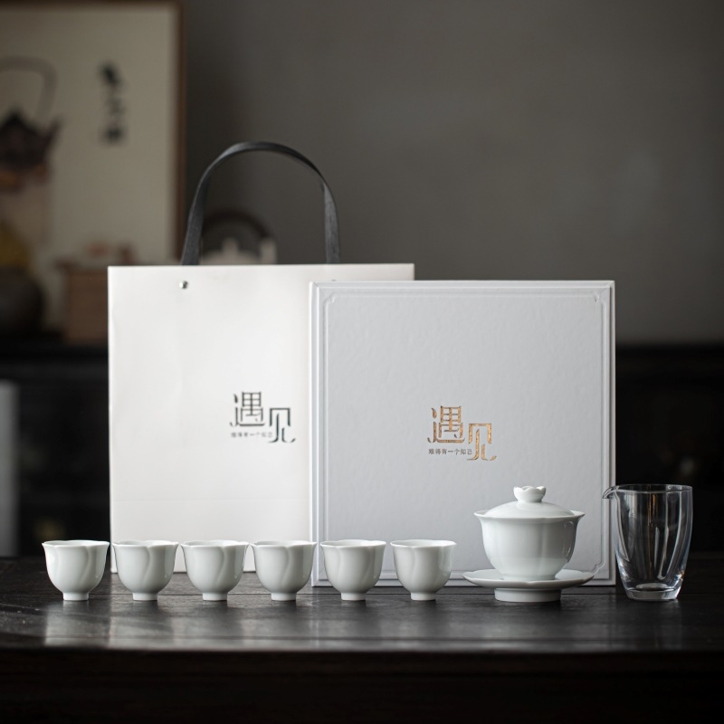 Set de ceai din ceramică cu capac în formă de lotus – culoare solidă, cutie cadou, Gongfu pentru acasă