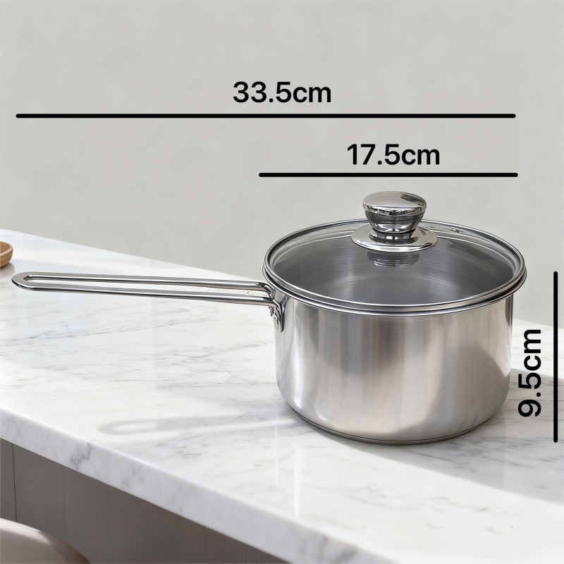 Oală pentru lapte din oțel inoxidabil, 18 cm, îngroșată, mâner unic, antiaderent, capac din sticlă, funda dublu strat, pentru lapte și hrană pentru bebeluși