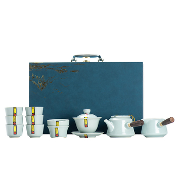 Set ceai Ru kiln, lucrat manual, ceainic cu mâner lateral, bol cu capac și cești, glazură cu fisuri și fire de aur, în cutie cadou