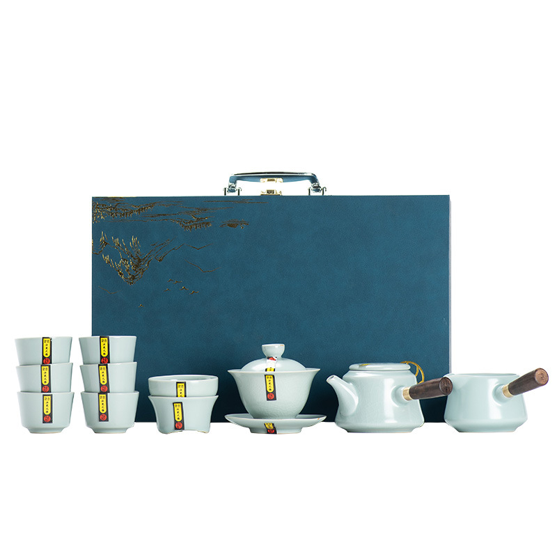 Set ceai Ru kiln, lucrat manual, ceainic cu mâner lateral, bol cu capac și cești, glazură cu fisuri și fire de aur, în cutie cadou