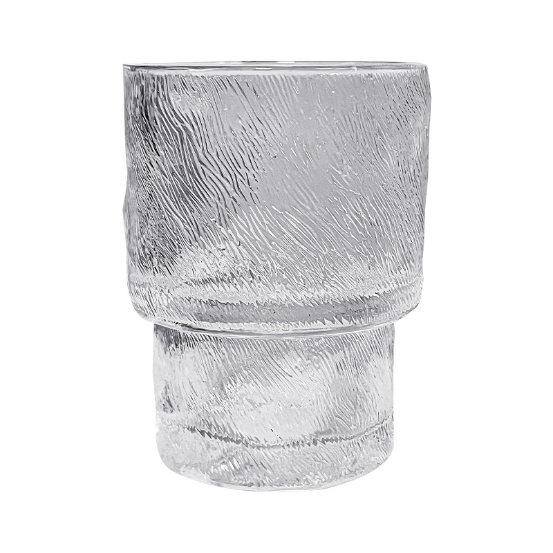 Ceașcă rotundă din sticlă cu model de gheață și pliuri; potrivită pentru cafea, suc și bere