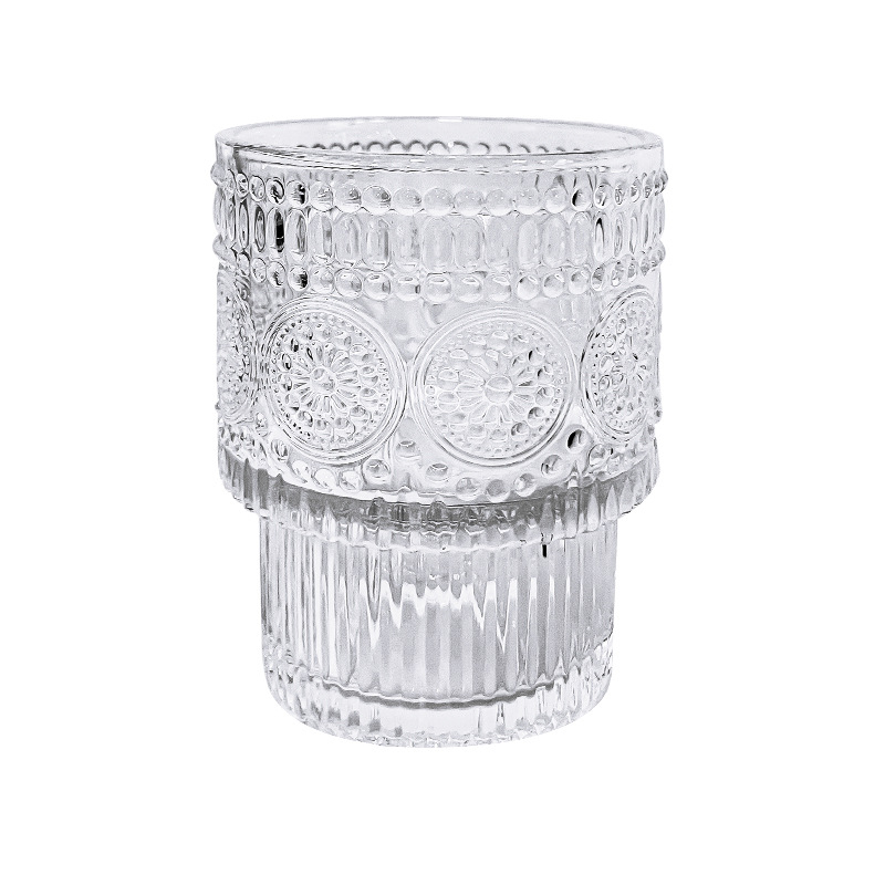 Set de pahare din sticlă vintage cu posibilitatea de a fi stivuite, motiv reliefat de floarea soarelui, model glaciar și textură cu bule pentru cafea și suc