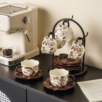 Set de cești de cafea din ceramică, cu model floral, stil ușor luxos, grosime sporită, rezistent la temperaturi înalte, pentru cafea și uz casnic