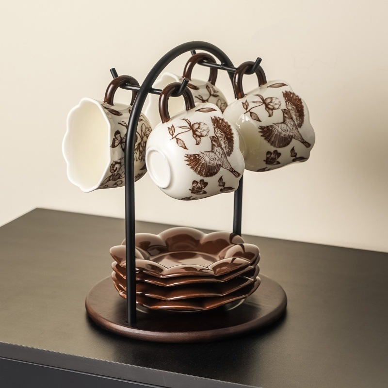 Set de cești de cafea din ceramică, cu model floral, stil ușor luxos, grosime sporită, rezistent la temperaturi înalte, pentru cafea și uz casnic
