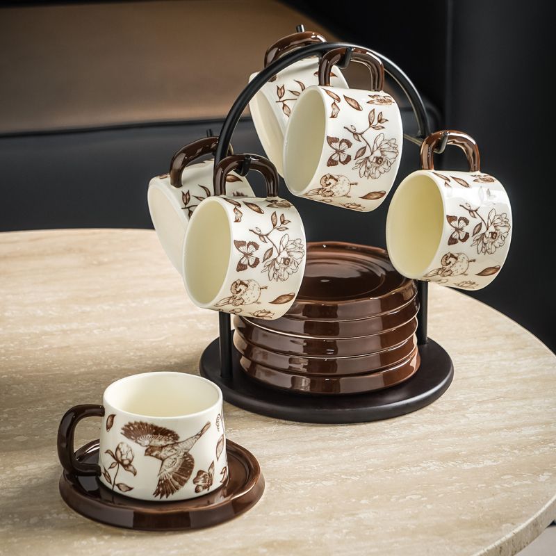 Set de cești de cafea din ceramică, cu model floral, stil ușor luxos, grosime sporită, rezistent la temperaturi înalte, pentru cafea și uz casnic