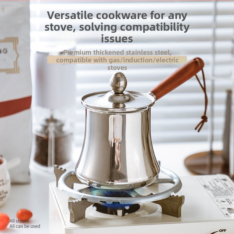 Oală din oțel inoxidabil cu mâner din lemn, ceașcă de cafea, oală pentru lapte de bebeluși, ceainic portabil cu capac, vas pentru topire ciocolată