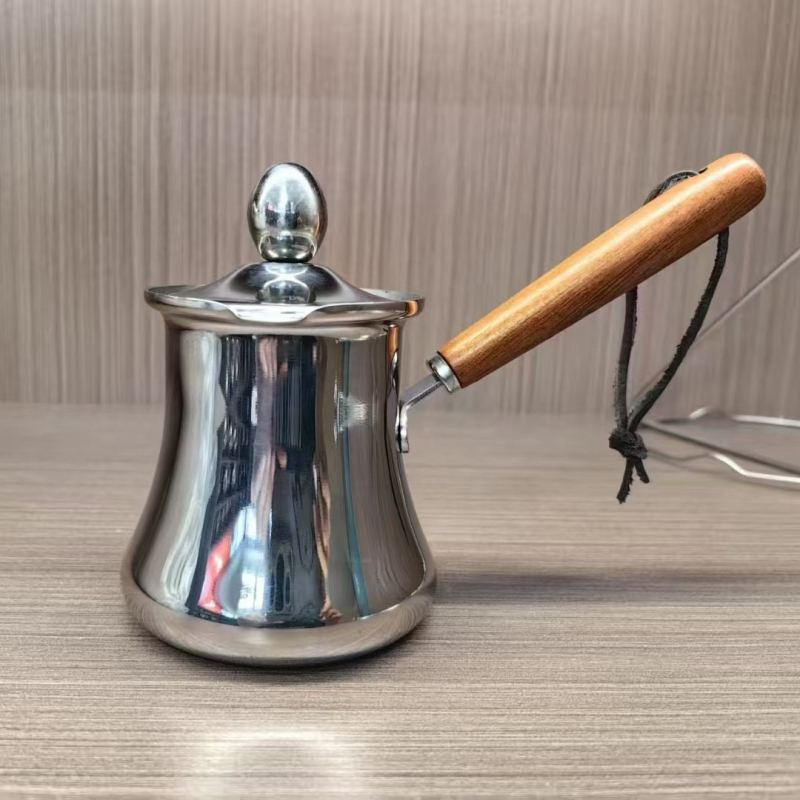 Oală din oțel inoxidabil cu mâner din lemn, ceașcă de cafea, oală pentru lapte de bebeluși, ceainic portabil cu capac, vas pentru topire ciocolată