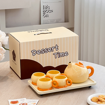 Set de ceai ceramic, galben și roșu, pentru 4 persoane, design modern minimalist, pentru uz casnic, în cutie cadou