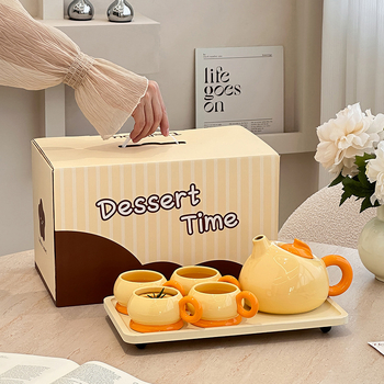Set de ceai ceramic, galben și roșu, pentru 4 persoane, design modern minimalist, pentru uz casnic, în cutie cadou