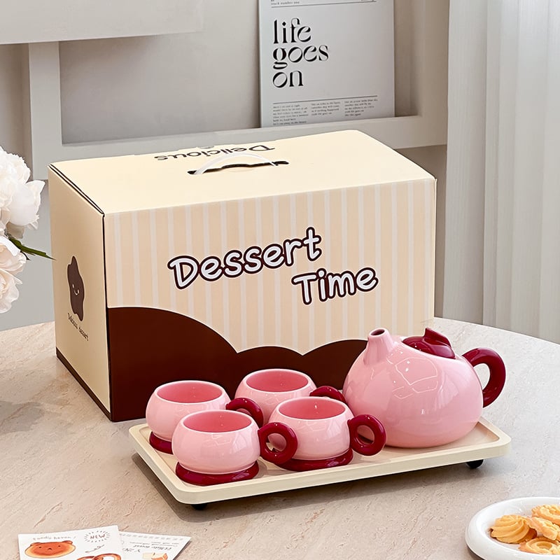 Set de ceai ceramic, galben și roșu, pentru 4 persoane, design modern minimalist, pentru uz casnic, în cutie cadou